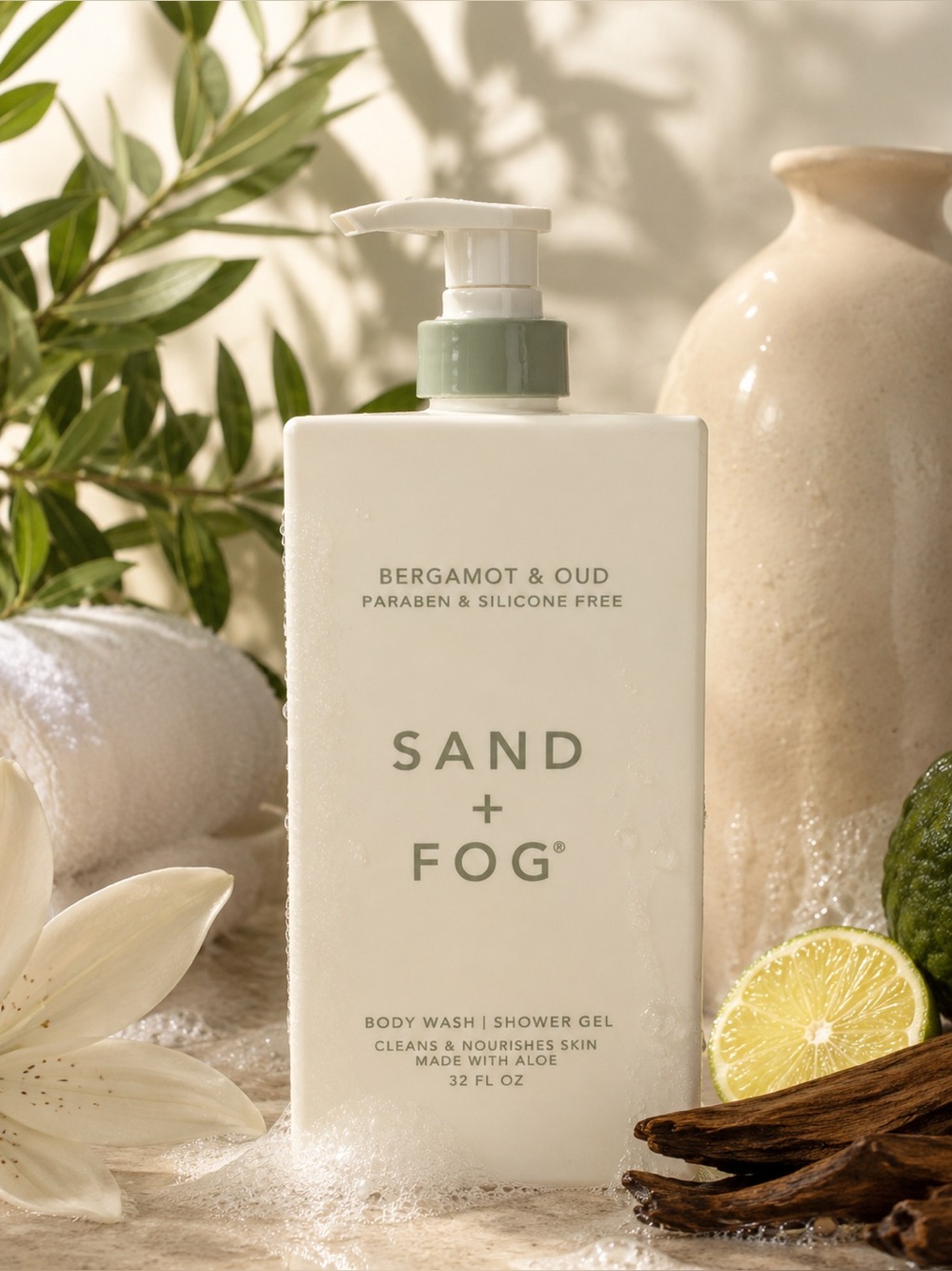 NEW Sand + Fog Bergamot & Oud Body Wash / Shower Gel 32 fl oz with Aloe